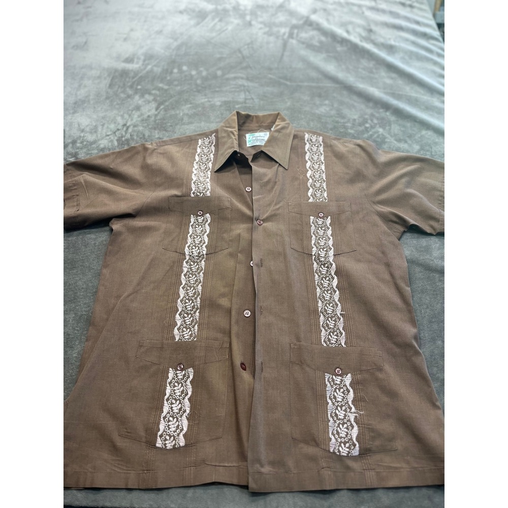 Vintage Haband of Paterson Guayabera Shirt Men Medium Brown Embroidered Cuban SS